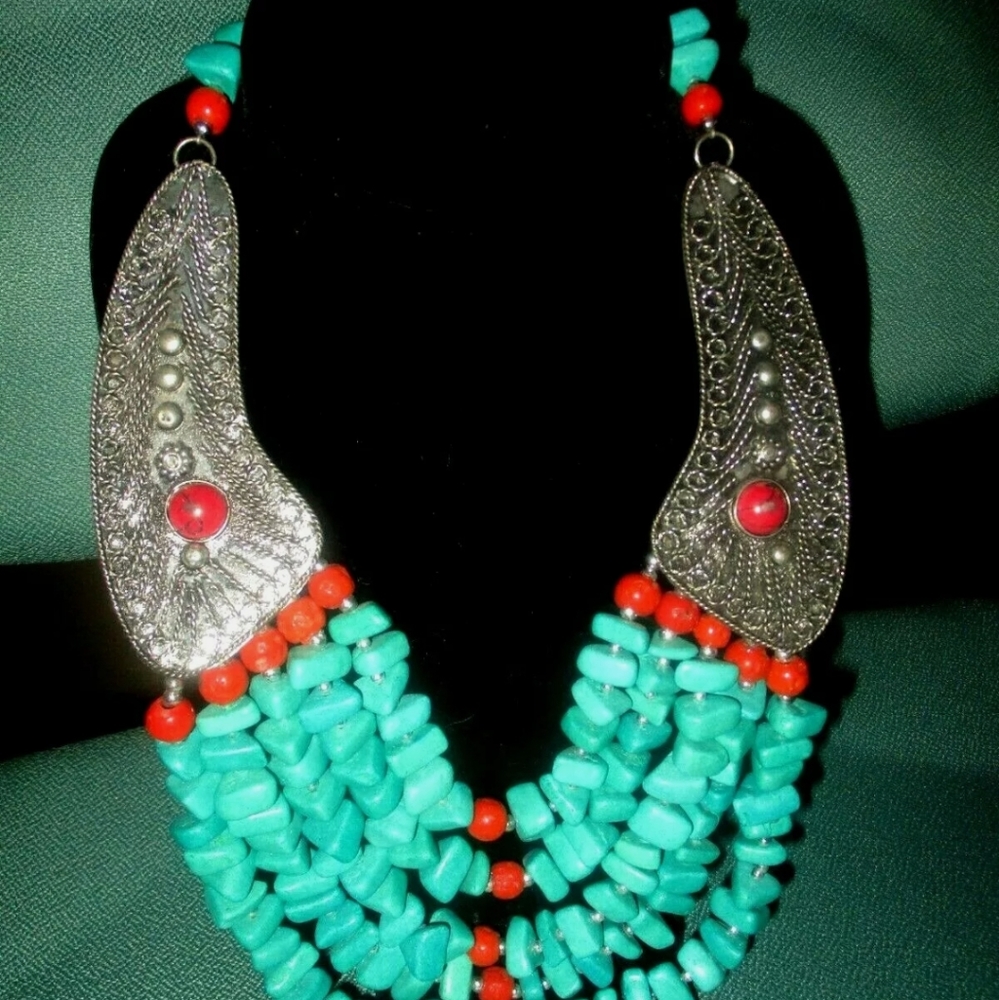 Turquoise with Orange Stones Statement  Necklace